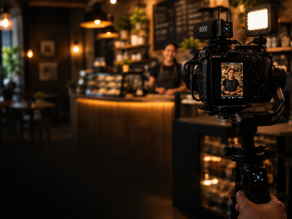 A cafe in the background with a rigged camera in the foreground in what looks like a production setup.